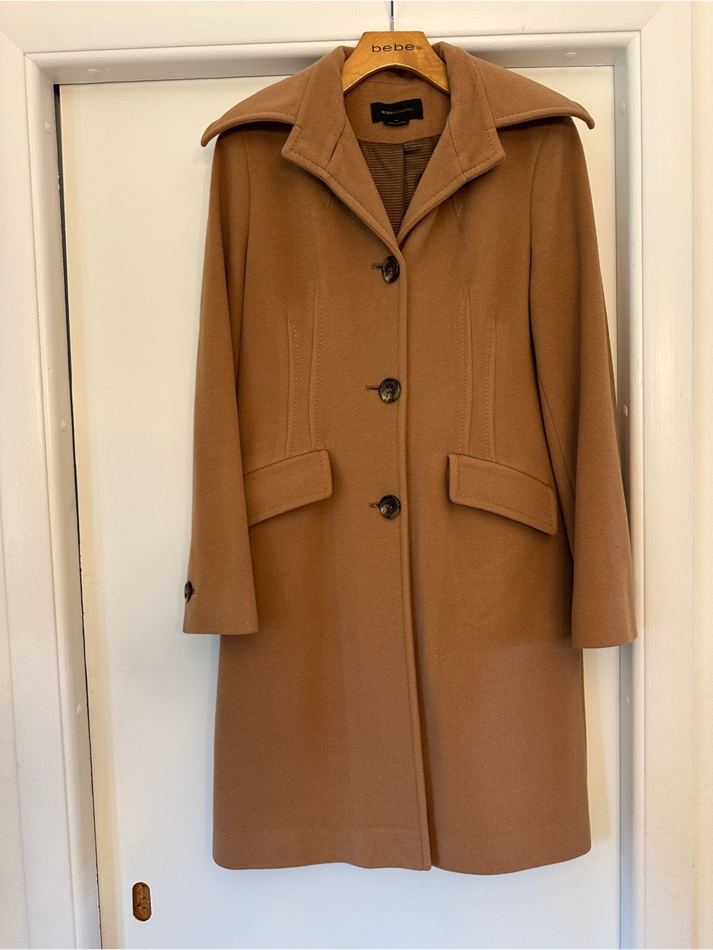 BCBGMaxAzria Camel Single-Breasted Wool Trench Coat